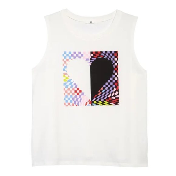NWOT BP Graphic Muscle Tank in White Checker Heart (XS) - Picture 2 of 12